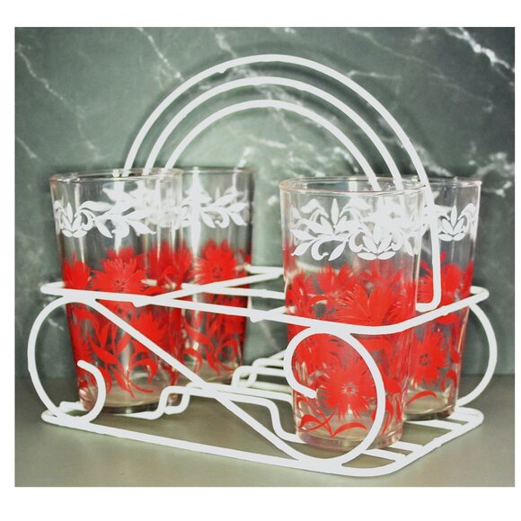 Hazel Atlas Ice Tea Set Vintage MCM 4 Glasses White Metal Caddy Drinkware - Picture 3 of 8